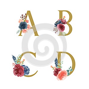 Gold Alphabet florals setÂ collection, Blue-red rose and pink peony flowers bouquets, Design for wedding invitation, celebrate